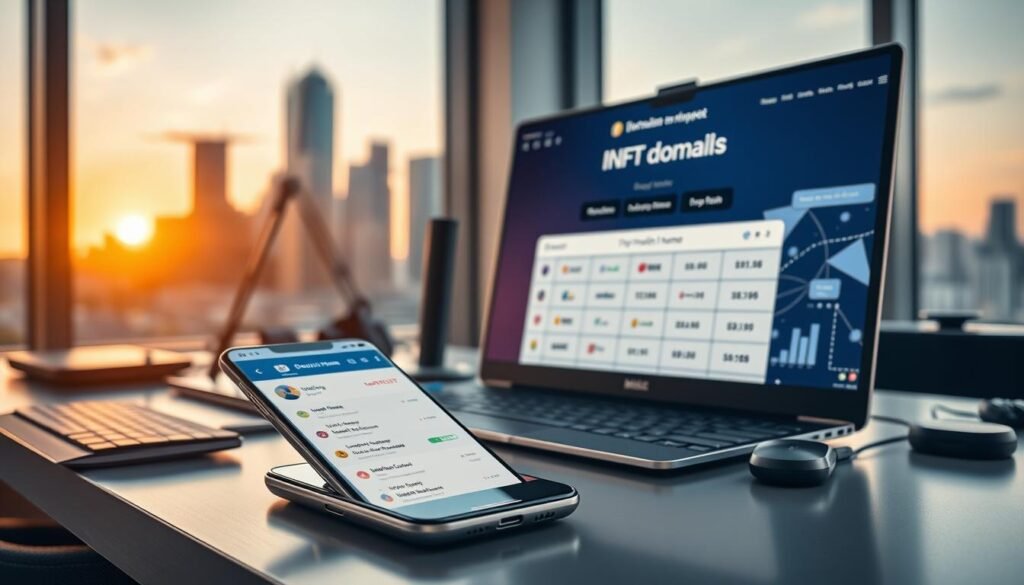 A modern workspace featuring a sleek desktop setup showcasing an NFT domain name marketplace on the screen. In the foreground, there is a glossy, futuristic smartphone displaying a digital wallet with various NFT domain names listed. The midground includes a stylish office desk cluttered with tech gadgets and a laptop with blockchain graphics visible on its monitor. The background features a large window revealing a city skyline at sunset, casting warm golden light across the scene. The atmosphere is innovative and professional, symbolizing the intersection of technology and creativity. The composition is taken from a slightly elevated angle, ensuring a clean and clear view of the desktop environment, conveying a sense of focus and modernity. A modern workspace featuring a sleek desktop setup showcasing an NFT domain name marketplace on the screen. In the foreground, there is a glossy, futuristic smartphone displaying a digital wallet with various NFT domain names listed. The midground includes a stylish office desk cluttered with tech gadgets and a laptop with blockchain graphics visible on its monitor. The background features a large window revealing a city skyline at sunset, casting warm golden light across the scene. The atmosphere is innovative and professional, symbolizing the intersection of technology and creativity. The composition is taken from a slightly elevated angle, ensuring a clean and clear view of the desktop environment, conveying a sense of focus and modernity.