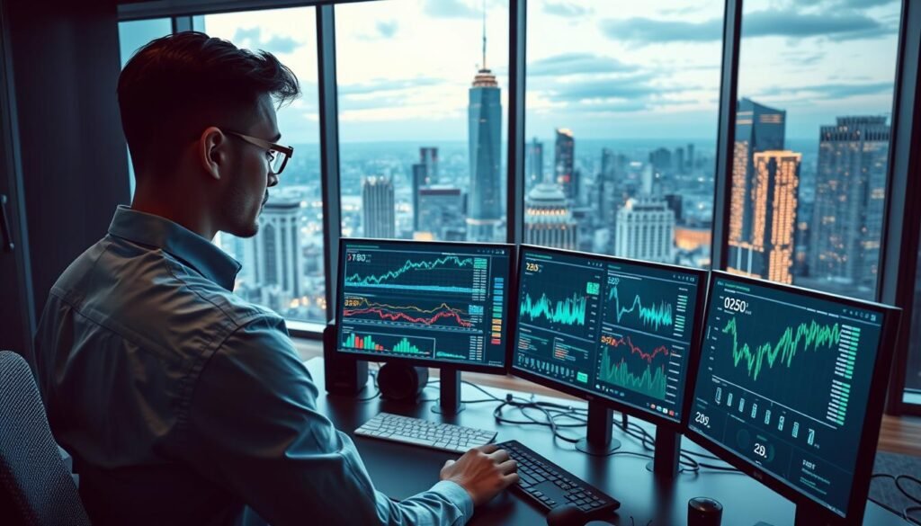 A modern workspace featuring a sleek digital interface displaying AI crypto portfolio optimization tools. In the foreground, a business professional in smart casual attire analyzes a screen filled with graphs, charts, and algorithms related to cryptocurrency investments. The middle ground showcases a futuristic desktop setup adorned with multiple monitors, each illustrating various data visualizations and real-time market trends. In the background, a large window reveals a bustling city skyline, symbolizing the vibrant world of finance. Soft, ambient lighting enhances the high-tech atmosphere, while a dynamic color palette of blues and greens evokes a sense of innovation and growth. The overall mood is focused and sophisticated, highlighting the cutting-edge nature of AI in finance.