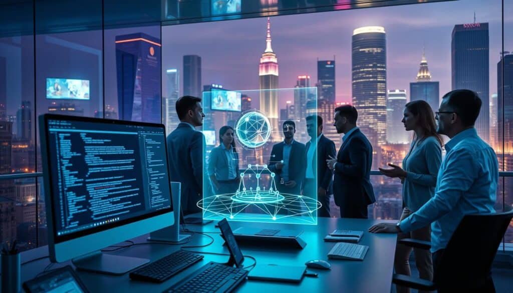 A modern workspace showcasing the evolution of AI Web3 developer tools in 2026. In the foreground, a sleek futuristic computer setup displays advanced coding interfaces and visualizations of blockchain technology. In the middle ground, diverse professionals in smart casual attire engage in collaborative discussions around a holographic projection representing a decentralized network and AI algorithms. The background features a high-tech city skyline with digital billboards illuminating the night sky, hinting at innovation and progress. The atmosphere is vibrant and energetic, with soft blue and green ambient lighting casting a professional glow. The scene is captured with a wide-angle lens, emphasizing the dynamic interaction between technology and collaboration, embodying the spirit of web development's future.