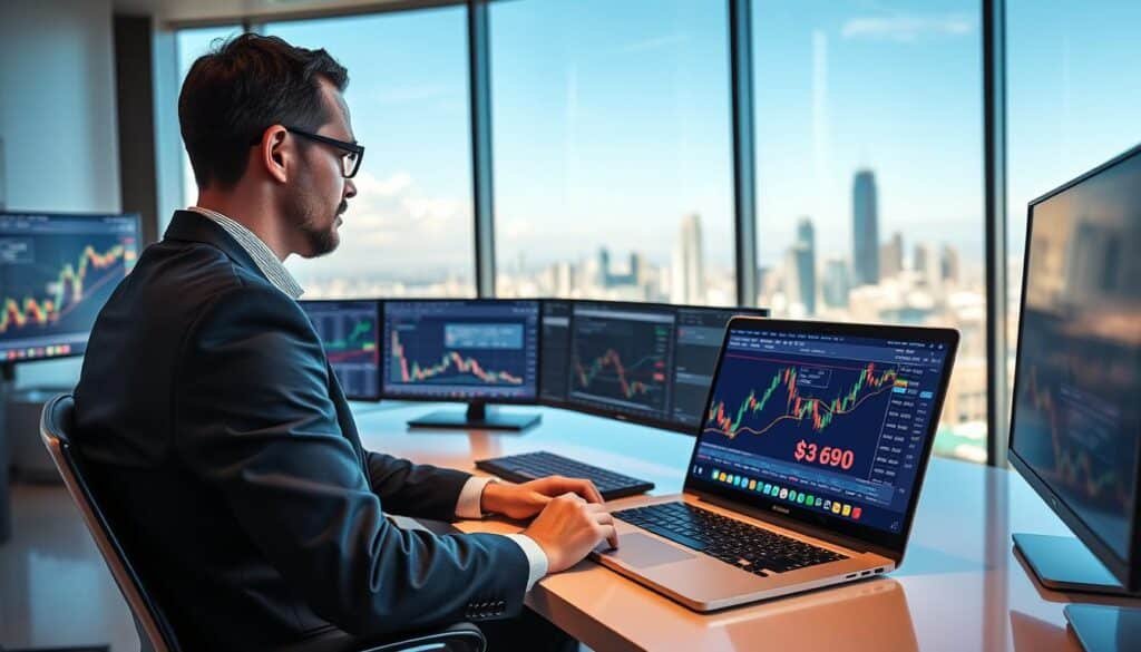 A professional analyst in business attire is seated at a sleek modern desk filled with multiple monitors displaying complex charts and data related to copy trading strategies. In the foreground, highlight detailed charts with upward-trending graphs, candlestick patterns, and digital currency symbols. The middle ground features a soft-focus view of a laptop showing a live trading platform interface with vibrant cryptocurrency icons. In the background, a panoramic window reveals a city skyline symbolizing financial growth and innovation under a clear blue sky. The workspace is brightly lit with warm lighting, evoking a sense of optimism and focus, making it clear that this is a critical analysis of copy trading's impact on the financial market.