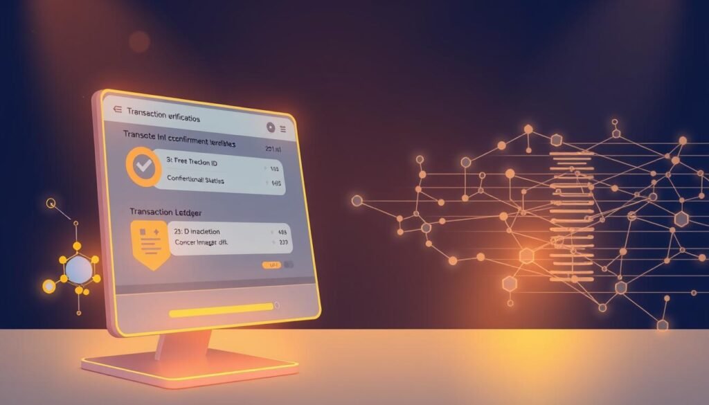 A professional and engaging illustration depicting the process of transaction verification steps within a blockchain explorer interface. In the foreground, showcase a detailed digital interface with transaction IDs, confirmation status, and a visual progress bar. The middle ground features stylized icons representing nodes and blocks connected by lines, symbolizing network connections. In the background, a subtle, abstract representation of a blockchain ledger, with layers of data structures and cryptographic elements to convey complexity. Use warm, focused lighting to highlight the interface, with a slight gradient effect to create depth. The overall atmosphere should feel informative and high-tech, evoking a sense of navigation and exploration in the blockchain ecosystem.