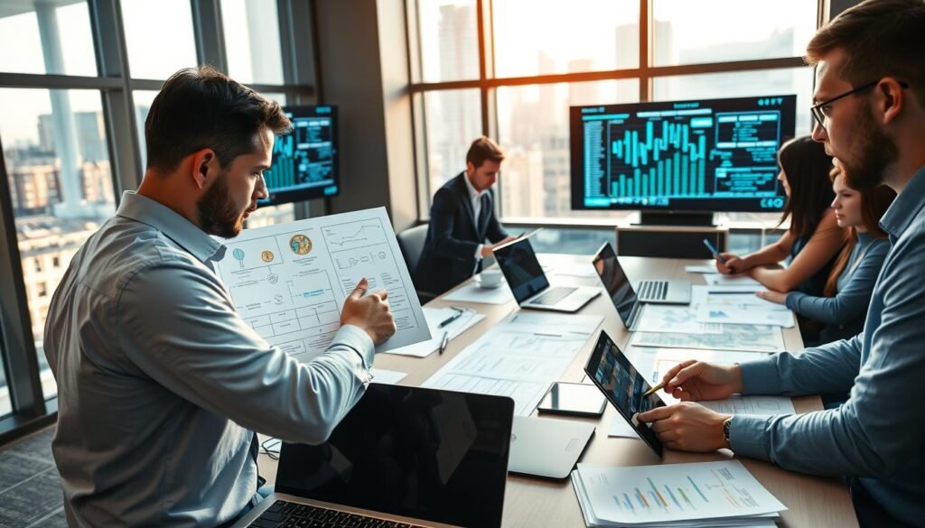 A professional blockchain audit process scene, featuring a diverse team of auditors in business attire, analyzing complex digital graphs and blockchain structures on sleek computer screens. In the foreground, a focused auditor points to a flowchart detailing the audit steps, while another takes notes on a tablet, showing deep engagement. The middle ground showcases a modern conference table scattered with documents, laptops, and blockchain diagrams. In the background, large windows reveal a city skyline, enhanced by warm, natural sunlight illuminating the workspace. The atmosphere is one of collaboration and professionalism, emphasizing precision and modern technology, suitable for a corporate environment, captured with a slightly angled perspective to enhance depth.