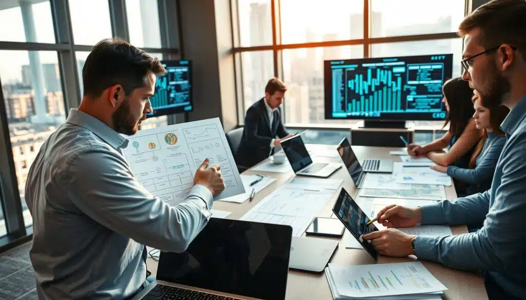 A professional blockchain audit process scene, featuring a diverse team of auditors in business attire, analyzing complex digital graphs and blockchain structures on sleek computer screens. In the foreground, a focused auditor points to a flowchart detailing the audit steps, while another takes notes on a tablet, showing deep engagement. The middle ground showcases a modern conference table scattered with documents, laptops, and blockchain diagrams. In the background, large windows reveal a city skyline, enhanced by warm, natural sunlight illuminating the workspace. The atmosphere is one of collaboration and professionalism, emphasizing precision and modern technology, suitable for a corporate environment, captured with a slightly angled perspective to enhance depth.