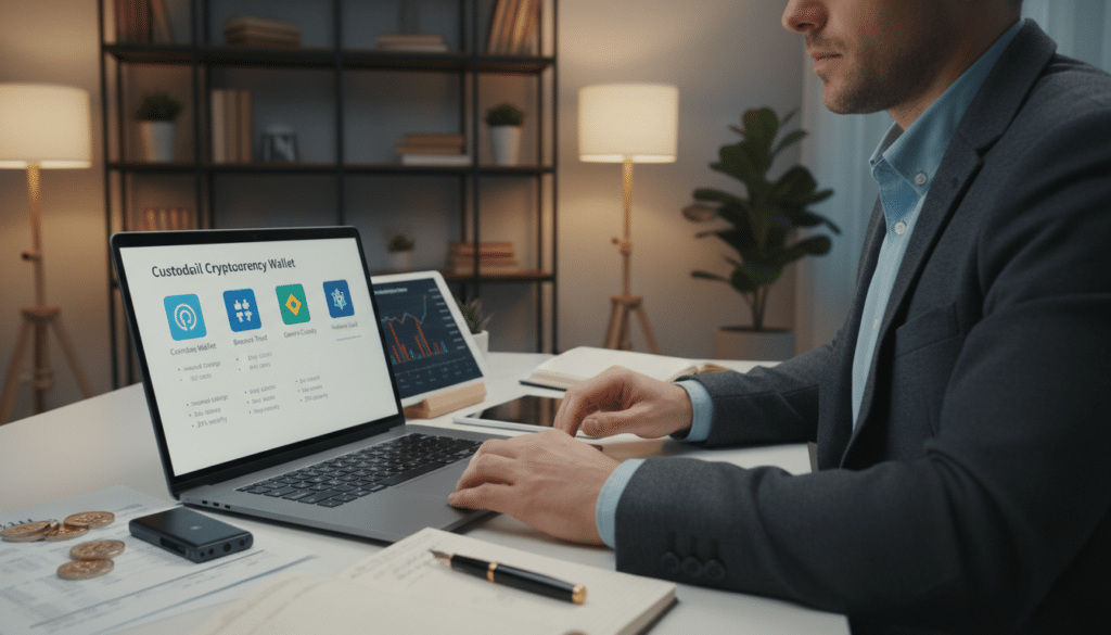 A professional individual, depicted in modest business attire, is engaged in selecting a custodial wallet for cryptocurrencies on a sleek laptop. In the foreground, the open laptop displays a user-friendly interface showcasing various crypto wallet options. In the middle ground, a desk with digital assets and paperwork presents an organized workspace, accentuating the theme of financial planning. The background features a dimly lit room with warm lighting, suggesting a focused atmosphere, complemented by a bookshelf filled with financial books and a potted plant for a touch of tranquility. The scene captures a mood of diligence and preparedness, embodying the essence of setting up a secure crypto emergency fund. The perspective is slightly angled to enhance depth, emphasizing the importance of careful selection in crypto management. A professional individual, depicted in modest business attire, is engaged in selecting a custodial wallet for cryptocurrencies on a sleek laptop. In the foreground, the open laptop displays a user-friendly interface showcasing various crypto wallet options. In the middle ground, a desk with digital assets and paperwork presents an organized workspace, accentuating the theme of financial planning. The background features a dimly lit room with warm lighting, suggesting a focused atmosphere, complemented by a bookshelf filled with financial books and a potted plant for a touch of tranquility. The scene captures a mood of diligence and preparedness, embodying the essence of setting up a secure crypto emergency fund. The perspective is slightly angled to enhance depth, emphasizing the importance of careful selection in crypto management.