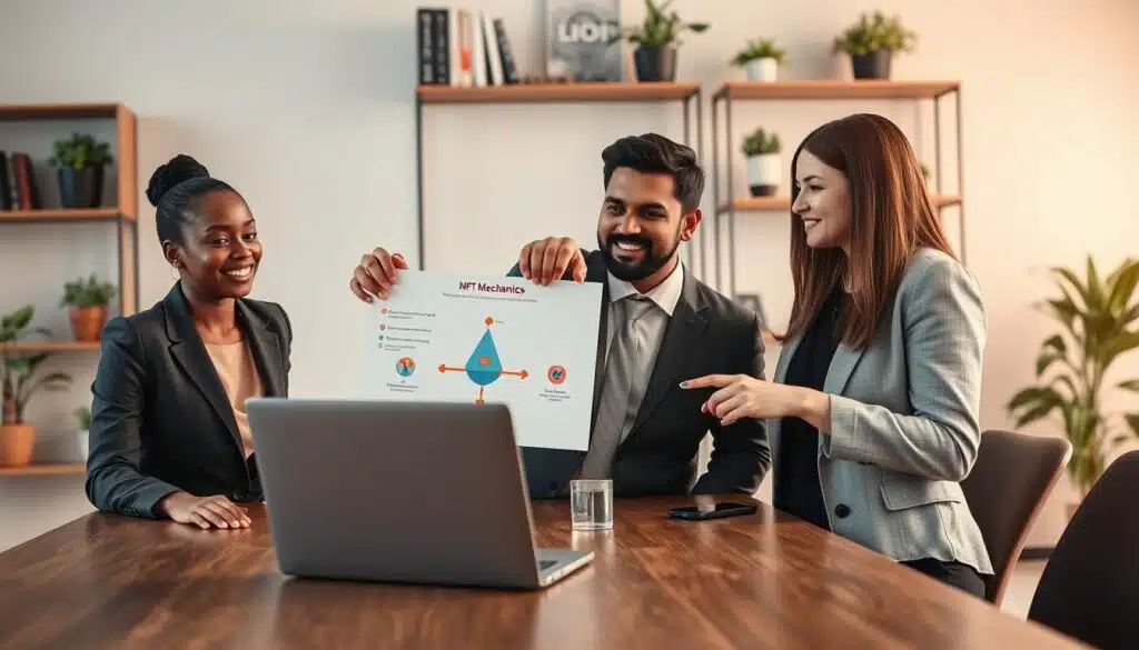 A professional, modern office setting serves as the backdrop, showcasing a sleek wooden table with a partially open laptop displaying a blockchain interface. In the foreground, a diverse group of three individuals dressed in business attire—a Black woman, a South Asian man, and a Caucasian woman—engaged in a collaborative discussion, point at a vibrant infographic illustrating NFT mechanics and blockchain technology. Utilize soft, diffused lighting to create a warm yet focused atmosphere, highlighting facial expressions of curiosity and engagement. The background subtly features shelves filled with tech books and plants, adding depth and a contemporary feel. Capture the scene from a slightly elevated angle, providing a clear view of the infographic while keeping the human subjects central to the composition.