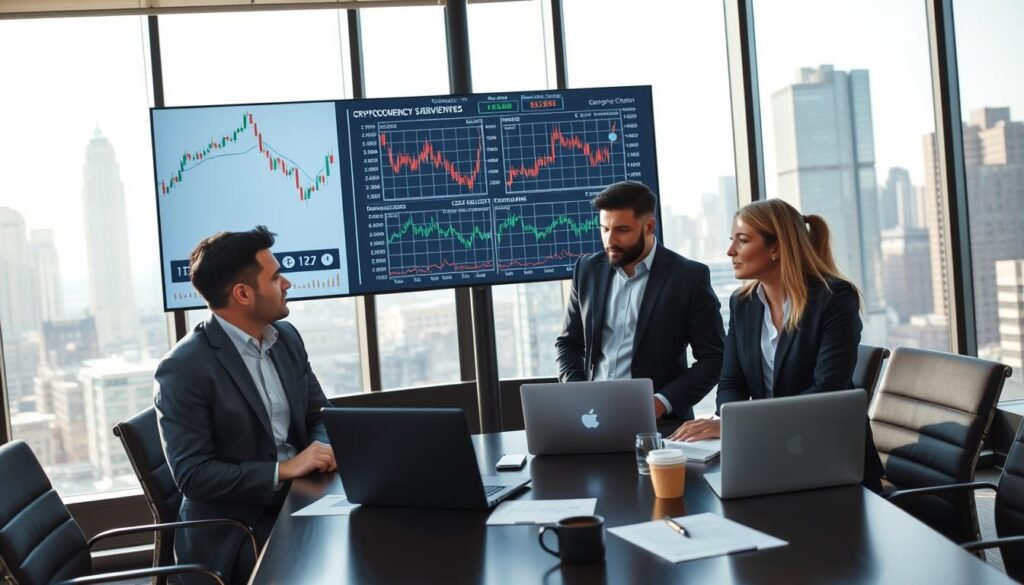 A professional office environment with a large digital screen displaying graphs and charts related to cryptocurrency derivatives and open interest. In the foreground, a diverse group of three professionals (two men and one woman) dressed in smart business attire, closely analyzing the data with focused expressions. In the middle ground, a sleek conference table with laptops and financial documents scattered, alongside a coffee cup. The background features large glass windows showcasing a modern city skyline with soft natural light pouring in, enhancing the analytical atmosphere. The overall mood is concentrated and ambitious, highlighting the pursuit of knowledge and strategy in crypto trading.
