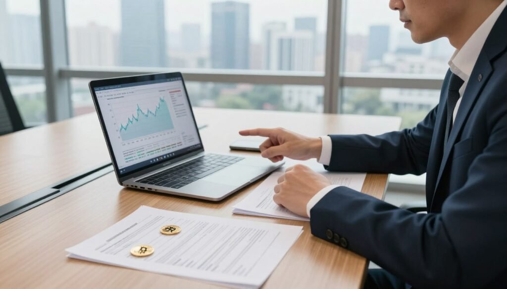 A professional office setting during the day, featuring a wooden conference table with a laptop open displaying cryptocurrency charts. In the foreground, a focused financial advisor in smart business attire is pointing at a graph while explaining investment risks. In the middle, scattered documents with tax forms and cryptocurrency symbols, like Bitcoin and Ethereum, emphasize the tax implications. The background showcases a large window with a city skyline, letting in soft, natural light, enhancing clarity and vibrancy. The atmosphere is serious yet hopeful, conveying an air of professionalism and strategic planning, inviting viewers to navigate the complex world of cryptocurrency. The image should be sharp and well-composed, utilizing a slightly elevated angle to capture the context effectively.
