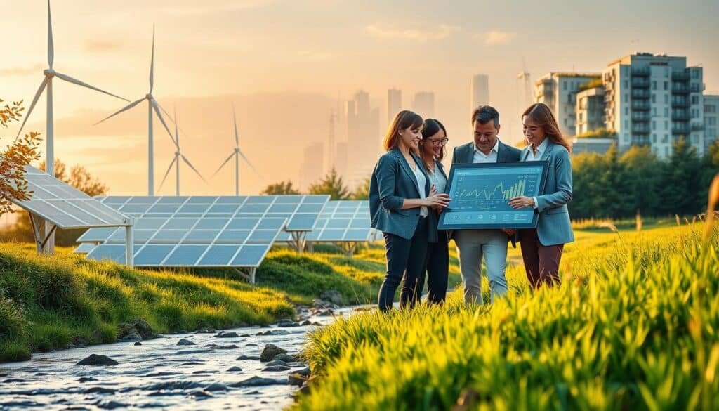 A serene landscape showcasing the foundations of sustainable technology. In the foreground, a crystal-clear stream flows past innovative solar panels and wind turbines integrated harmoniously into a verdant environment. In the middle ground, a group of diverse professionals in business attire collaborates, examining a digital tablet displaying blockchain data visualizations against an eco-friendly backdrop of lush greenery. The background features a skyline with architectural designs incorporating green roofs and vertical gardens, under a soft, warm sunset. The lighting is golden, casting gentle shadows that emphasize the futuristic yet natural elements. The atmosphere is uplifting and hopeful, symbolizing the fusion of technology and nature in combating climate change.