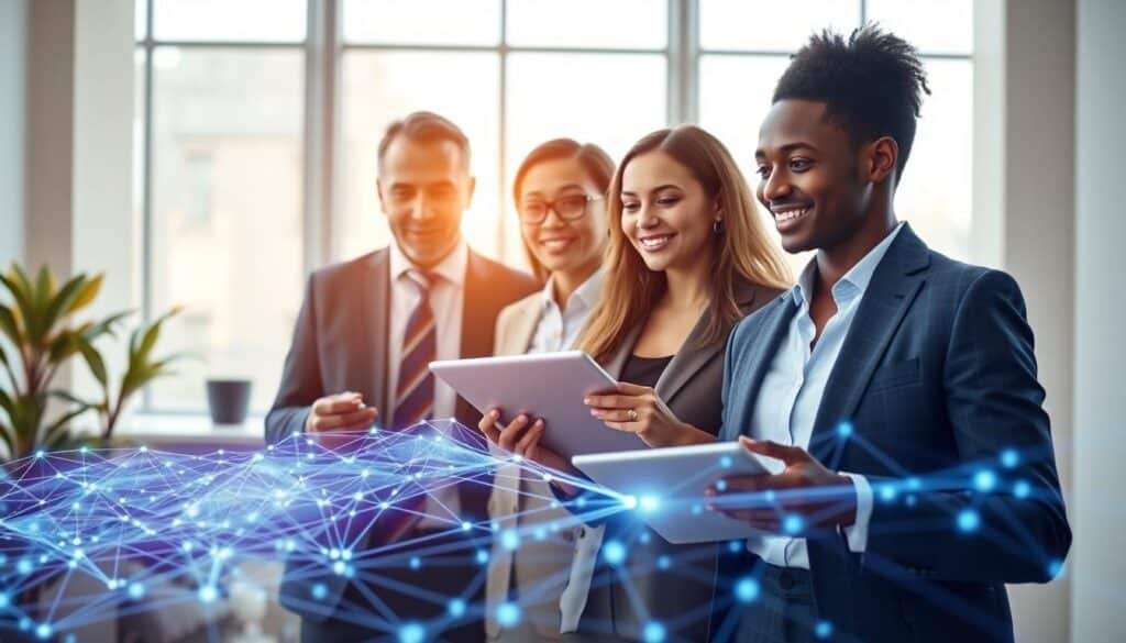 A serene, modern office setting featuring a diverse group of professionals in business attire collaborating over a large digital screen displaying a blockchain network visualization. In the foreground, a close-up of sophisticated digital devices like tablets and laptops shows real-time data flows, emphasizing donor contributions and transparency. In the middle, the professionals—two men and two women of different ethnic backgrounds—are discussing animatedly. The background features large windows letting in soft, natural light, illuminating the room. A sense of trust and transparency is conveyed through open expressions and engaged body language. The overall mood is optimistic and innovative, showcasing the transformative power of blockchain in charity. A serene, modern office setting featuring a diverse group of professionals in business attire collaborating over a large digital screen displaying a blockchain network visualization. In the foreground, a close-up of sophisticated digital devices like tablets and laptops shows real-time data flows, emphasizing donor contributions and transparency. In the middle, the professionals—two men and two women of different ethnic backgrounds—are discussing animatedly. The background features large windows letting in soft, natural light, illuminating the room. A sense of trust and transparency is conveyed through open expressions and engaged body language. The overall mood is optimistic and innovative, showcasing the transformative power of blockchain in charity.