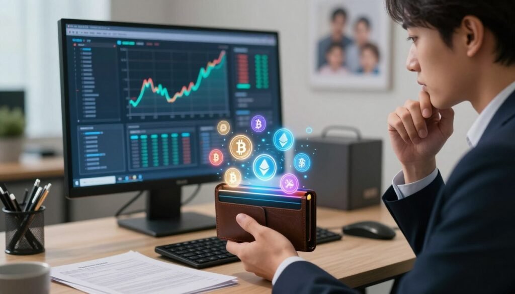 A serene office environment featuring a professional individual in business attire, analyzing a holographic digital wallet filled with vibrant cryptocurrencies and blockchain assets. In the foreground, the person’s focused expression reflects contemplation about digital inheritance. The middle layer showcases a large digital screen displaying fluctuating crypto charts and icons representing various digital assets like Bitcoin and Ethereum, illuminated by soft, warm lighting. In the background, a modern desk adorned with financial documents and a faintly visible family portrait, symbolizing the transition of wealth. The atmosphere is thoughtful and reflective, capturing the essence of understanding the value of digital assets in a contemporary setting. The image should have a slight depth of field effect, emphasizing the professional figure and the digital assets prominently.