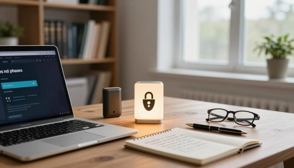 A serene workspace that encapsulates the essence of understanding seed phrases. In the foreground, a wooden desk holds a sleek laptop with a digital wallet interface and a note pad with handwritten seed phrases. A pair of glasses rests beside the laptop. In the middle, softly glowing essential tools like a hardware wallet and a pen, creating a focal point on security and knowledge. The background features a large window, allowing natural light to illuminate the scene, enhancing the calm and inviting atmosphere. A bookshelf filled with finance and technology books provides depth, while subtle greenery from a potted plant adds a refreshing touch. The mood is informative and encouraging, inspiring confidence in managing crypto security. Use a warm color palette and a shallow depth of field to emphasize the foreground elements.