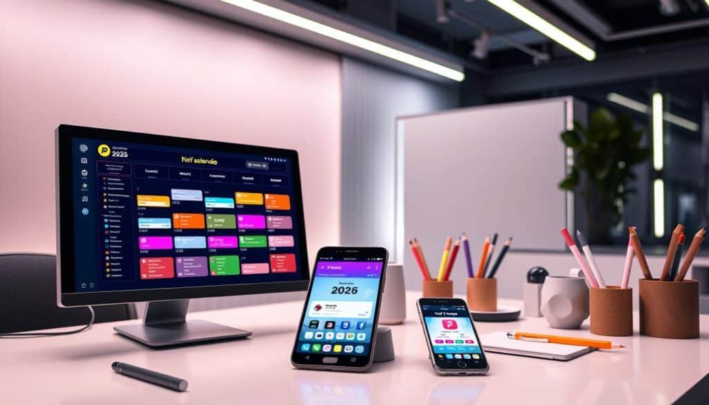 A sleek and modern digital workspace showcasing an innovative NFT calendar interface. In the foreground, a high-tech computer and tablet display vivid previews of upcoming NFT drops, with colorful icons symbolizing various platforms. In the middle ground, an organized desk with stylish stationery and a smartphone, which shows an interactive NFT event app. The background features a minimalist, futuristic environment with soft LED lighting, creating a vibrant yet professional atmosphere. The scene captures a blend of creativity and technology, emphasizing a sense of anticipation for the NFT drops in 2026. The composition is framed with a slight overhead angle, highlighting the tools' functionality and user-friendly design, while the overall tone is energetic and focused, perfect for enthusiasts and collectors alike.