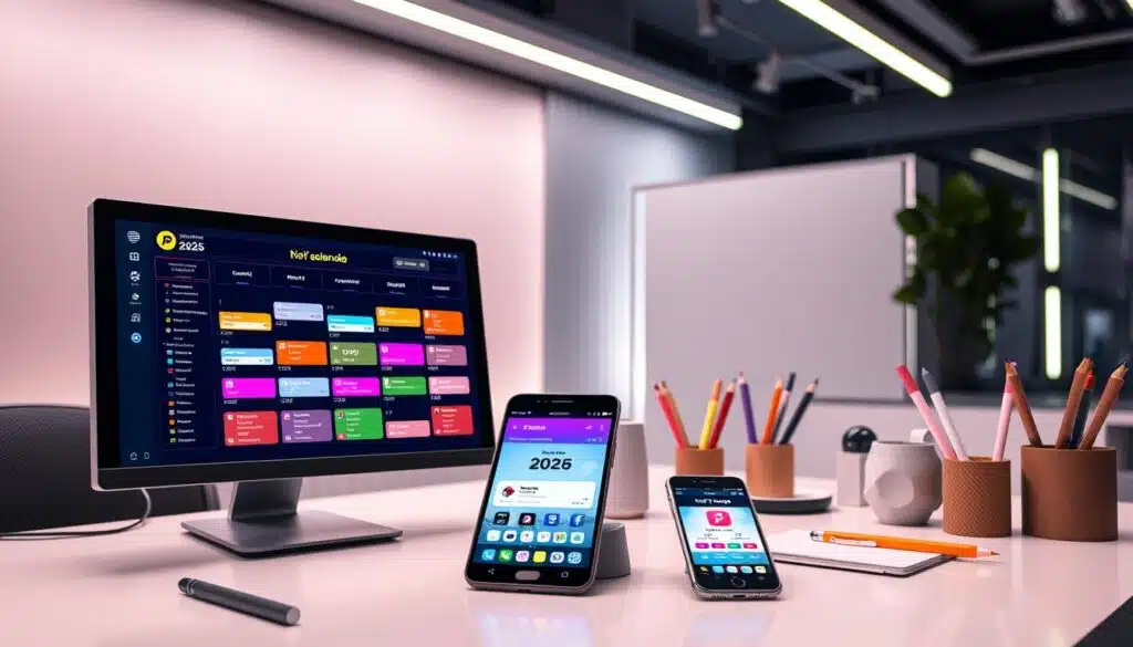 A sleek and modern digital workspace showcasing an innovative NFT calendar interface. In the foreground, a high-tech computer and tablet display vivid previews of upcoming NFT drops, with colorful icons symbolizing various platforms. In the middle ground, an organized desk with stylish stationery and a smartphone, which shows an interactive NFT event app. The background features a minimalist, futuristic environment with soft LED lighting, creating a vibrant yet professional atmosphere. The scene captures a blend of creativity and technology, emphasizing a sense of anticipation for the NFT drops in 2026. The composition is framed with a slight overhead angle, highlighting the tools' functionality and user-friendly design, while the overall tone is energetic and focused, perfect for enthusiasts and collectors alike. A sleek and modern digital workspace showcasing an innovative NFT calendar interface. In the foreground, a high-tech computer and tablet display vivid previews of upcoming NFT drops, with colorful icons symbolizing various platforms. In the middle ground, an organized desk with stylish stationery and a smartphone, which shows an interactive NFT event app. The background features a minimalist, futuristic environment with soft LED lighting, creating a vibrant yet professional atmosphere. The scene captures a blend of creativity and technology, emphasizing a sense of anticipation for the NFT drops in 2026. The composition is framed with a slight overhead angle, highlighting the tools' functionality and user-friendly design, while the overall tone is energetic and focused, perfect for enthusiasts and collectors alike.