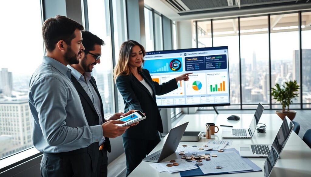 A sleek and modern workspace featuring a diverse group of professionals in business attire collaborating around a digital interface displaying a crypto tax software workflow. In the foreground, a male and female accountant are analyzing charts and financial data on a tablet, while a third person, a woman in a smart blazer, points to a large screen showing a colorful dashboard with tax calculations and crypto asset visualizations. The middle ground features an organized desk with financial documents, laptops, and cryptocurrency tokens. The background includes floor-to-ceiling windows with a city skyline, bright light streaming in, creating an energetic and optimistic atmosphere. The scene is shot from a slightly elevated angle to capture both the technology and the teamwork, evoking a sense of innovation and professionalism in the crypto tax landscape of 2026. A sleek and modern workspace featuring a diverse group of professionals in business attire collaborating around a digital interface displaying a crypto tax software workflow. In the foreground, a male and female accountant are analyzing charts and financial data on a tablet, while a third person, a woman in a smart blazer, points to a large screen showing a colorful dashboard with tax calculations and crypto asset visualizations. The middle ground features an organized desk with financial documents, laptops, and cryptocurrency tokens. The background includes floor-to-ceiling windows with a city skyline, bright light streaming in, creating an energetic and optimistic atmosphere. The scene is shot from a slightly elevated angle to capture both the technology and the teamwork, evoking a sense of innovation and professionalism in the crypto tax landscape of 2026.