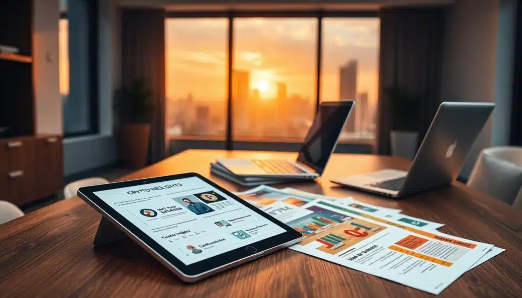 A sleek and modern workspace showcasing a collection of crypto newsletters spread out on an attractive wooden desk. In the foreground, a high-resolution tablet displays key insights and market trends, illuminated by soft, warm lighting that enhances the inviting atmosphere. In the middle ground, a stack of curated newsletters with vibrant covers, arranged neatly alongside a sleek laptop, emphasizes the organized approach to trading decisions. In the background, a large window reveals a city skyline bathed in golden hour light, casting a gentle glow into the room. The overall mood is professional and focused, embodying the calm confidence of traders utilizing these insights for informed decision-making. The composition is captured from a slightly elevated angle to effectively showcase the depth and detail of the workspace.