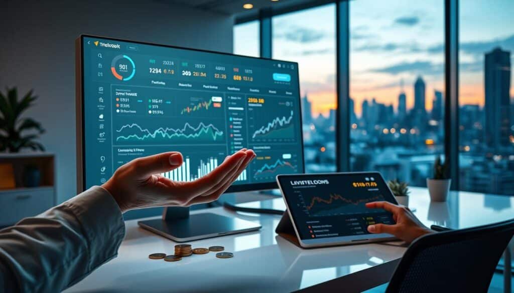 A sleek digital workspace featuring a futuristic crypto portfolio tracker displayed on a high-resolution monitor. In the foreground, show a close-up of a user’s hands gracefully hovering over a touchscreen interface filled with charts, graphs, and performance metrics, all bathed in soft, ambient lighting emanating from the screen. In the middle ground, incorporate a modern desk setup with cryptocurrency coins and a tablet displaying real-time market data. The background should include a stylish office environment with minimalist decor and a large window revealing a city skyline at dusk, casting a warm glow. The overall mood is professional and tech-savvy, inviting the viewer into the world of cryptocurrency management in 2026.