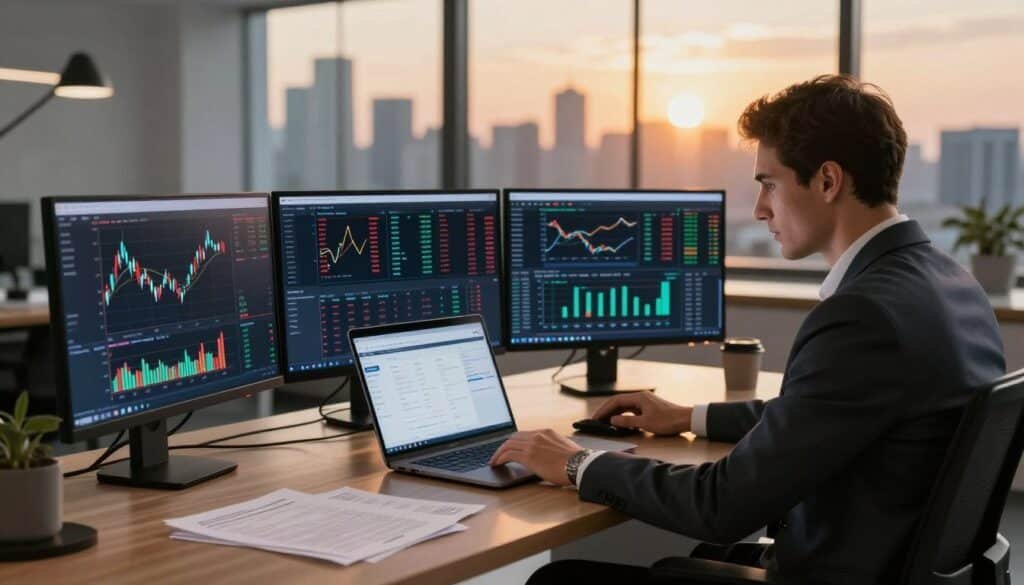 A sleek, futuristic trading desk set in an elegant office environment, with multiple screens displaying cryptocurrency market charts and data. In the foreground, a professional man in a tailored suit analyzes trade information, focused yet relaxed. In the middle, a high-tech laptop with an open OTC trading platform is surrounded by financial documents, highlighting the complexities of crypto trading. The background features a panoramic city skyline during sunset, casting warm, golden light into the room, creating a productive atmosphere. Soft shadows from the desk lamp and other tech devices suggest a high-stakes business ambiance. The overall mood is sophisticated, embodying the excitement and strategy of crypto OTC trading.