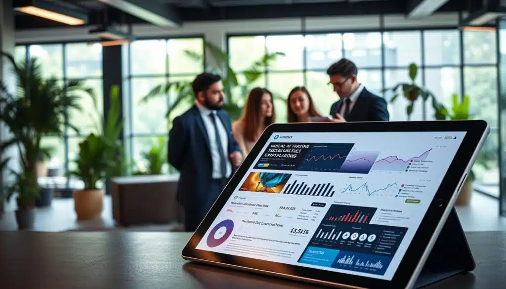 A sleek, modern AI news curation platform interface, prominently displayed on a high-resolution tablet in a stylish office setting. The foreground features the tablet with a vibrant, dynamic dashboard showcasing crypto news articles with engaging visuals, graphs, and analytics. In the middle, a diverse group of professionals in business attire are engaged in a discussion, analyzing data from the platform, reflecting a collaborative atmosphere. The background portrays a bright, open office space filled with greenery and large windows that allow natural light to flood in, enhancing a sense of innovation and progress. The mood is focused yet optimistic, embodying the cutting-edge nature of AI technology in the rapidly evolving crypto landscape. Soft, diffused lighting adds warmth to the scene, creating an inviting, professional environment.