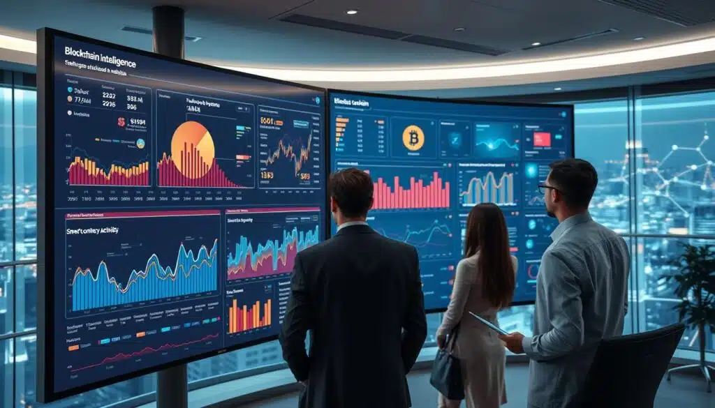 A sleek, modern blockchain intelligence and analytics dashboard displayed on a large, high-resolution screen in a futuristic office environment. In the foreground, intricate graphs and charts with vibrant colors illustrate real-time data on blockchain transactions and trends, showcasing analytics such as security breaches, transaction volumes, and smart contract activities. The middle layer features professionals in business attire intently studying the data, reflecting focus and collaboration. The background includes a panoramic view of a digital cityscape with glowing blockchain symbols and interconnected nodes. Soft, ambient lighting accentuates the sleek technology, while a wide-angle lens captures the depth of the environment, creating a dynamic and high-tech atmosphere that emphasizes the importance of blockchain intelligence and analytics.