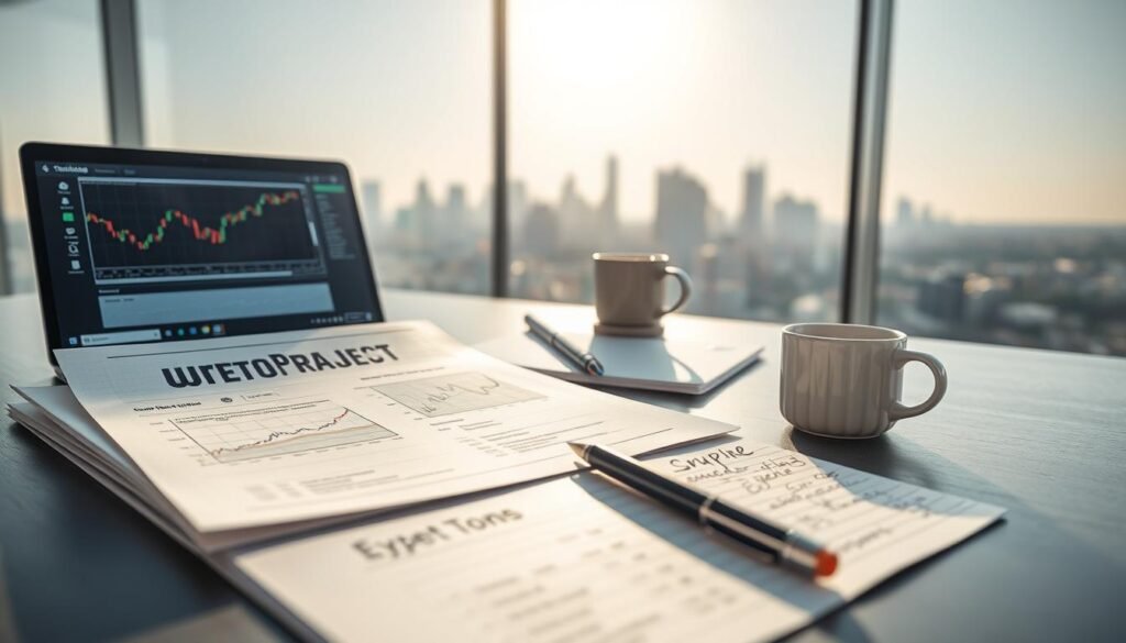 A sleek, modern desk scene featuring an open crypto project whitepaper in the foreground, displaying graphs and charts related to tokenomics. Beside it, a laptop shows a trading platform interface. In the middle, a notepad filled with handwritten notes, a pen, and a coffee cup, suggesting focused brainstorming. The background showcases a soft-focus city skyline, symbolizing innovation and technology, bathed in inviting morning light. The atmosphere conveys diligence and professionalism, hinting at a vibrant yet serious mood surrounding the launch strategy of a new cryptocurrency token. The composition is captured from a slightly elevated angle for a dynamic perspective. The lighting is bright but soft, enhancing the clarity of the documents while maintaining a warm, engaging ambiance.
