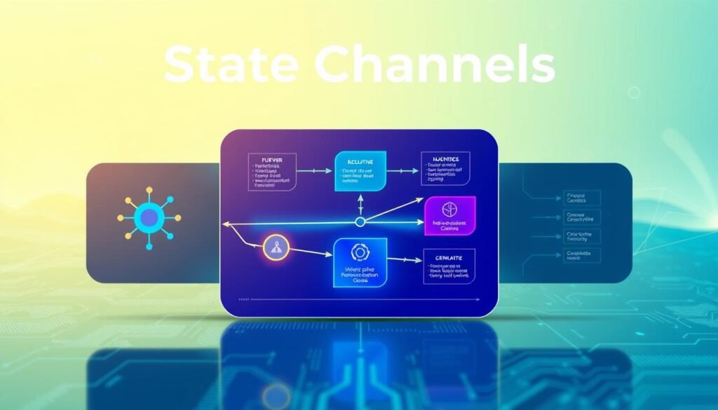 A sleek, modern infographic illustrating the concept of state channels in blockchain technology. In the foreground, a stylized representation of two interconnected nodes, symbolizing participants in a state channel, linked by a dynamic vector of energy or data flow. In the middle ground, vibrant diagrams showcasing the flow of transactions and states, with clear visual cues like arrows or pathways to indicate progress and resolution. The background features a subtle, abstract digital landscape with faint circuit patterns, highlighting the technology theme. Lighting should be bright and futuristic, with a focus on cool tones like blues and greens, creating a professional and engaging atmosphere. The overall mood should convey clarity and innovation, suitable for an educational context.