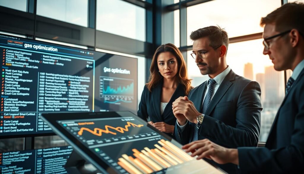 A sleek, modern office environment filled with advanced technology, showcasing a professional businesswoman and businessman in business attire, analyzing data on a large futuristic screen displaying gas optimization graphs and smart contract code. In the foreground, a digital tablet with cost analysis charts glowing softly, enhancing the focus on gas optimization. In the middle, the two professionals are engaged in a discussion, their expressions reflecting determination and insight. The background features floor-to-ceiling windows with a city skyline, bathed in warm natural light, creating a sense of optimism and progress. The overall mood is dynamic and innovative, emphasizing the importance of efficiency and smart solutions in the gas optimization landscape.