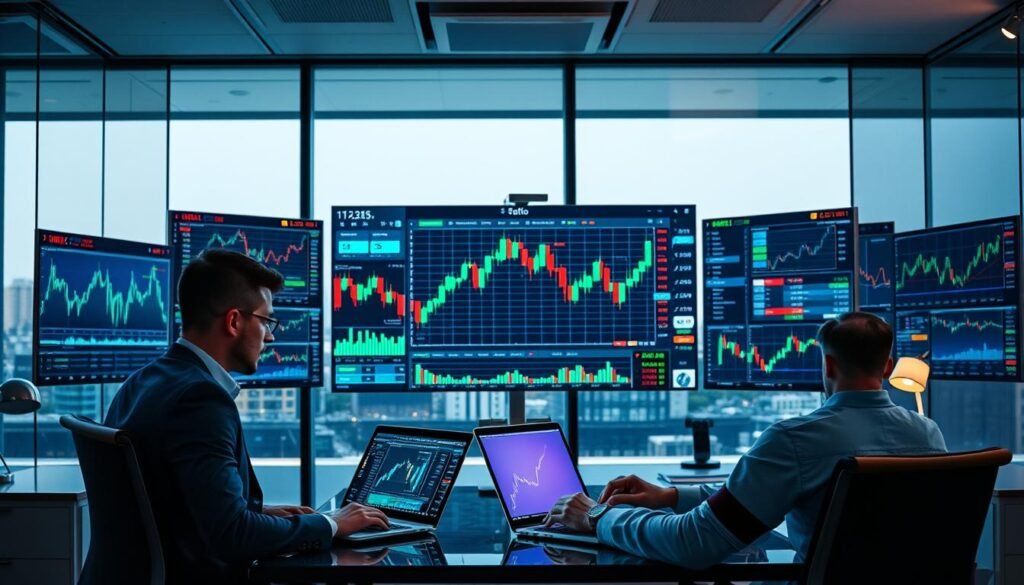 A sleek, modern office environment filled with multiple screens displaying dynamic cryptocurrency charts and algorithmic trading data. In the foreground, a focused professional, dressed in smart casual attire, analyzes the data on a laptop, surrounded by graphs and digital indicators projecting vibrant colors. The middle of the scene features a large wall-mounted monitor showcasing intricate algorithmic trading strategies, with green and red candlestick patterns highlighting market trends. In the background, soft ambient lighting creates a motivational atmosphere, enhanced by a subtle glow from desk lamps, while a city skyline is faintly visible through the glass windows, hinting at the global reach of crypto markets. The overall mood is innovative and dynamic, capturing the essence of technology-driven trading.