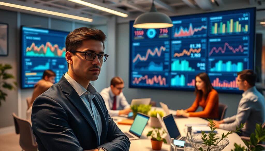 A sleek, modern office space bustling with activity, featuring a large screen displaying real-time data analytics with graphs and charts linked to decentralized finance (DeFi) metrics. In the foreground, a focused professional in business attire analyzes the data, with a look of determination and insight, set against a backdrop of diverse team members collaborating around a table filled with digital devices. Soft, ambient lighting creates a productive atmosphere, with diffused light highlighting the screen and the professionals' expressions. The middle ground includes a high-tech digital interface, subtly showcasing AI algorithms that optimize yield farming strategies. The overall mood is one of innovation and intelligence, capturing the essence of how AI enhances smart investment decisions in the dynamic world of DeFi.