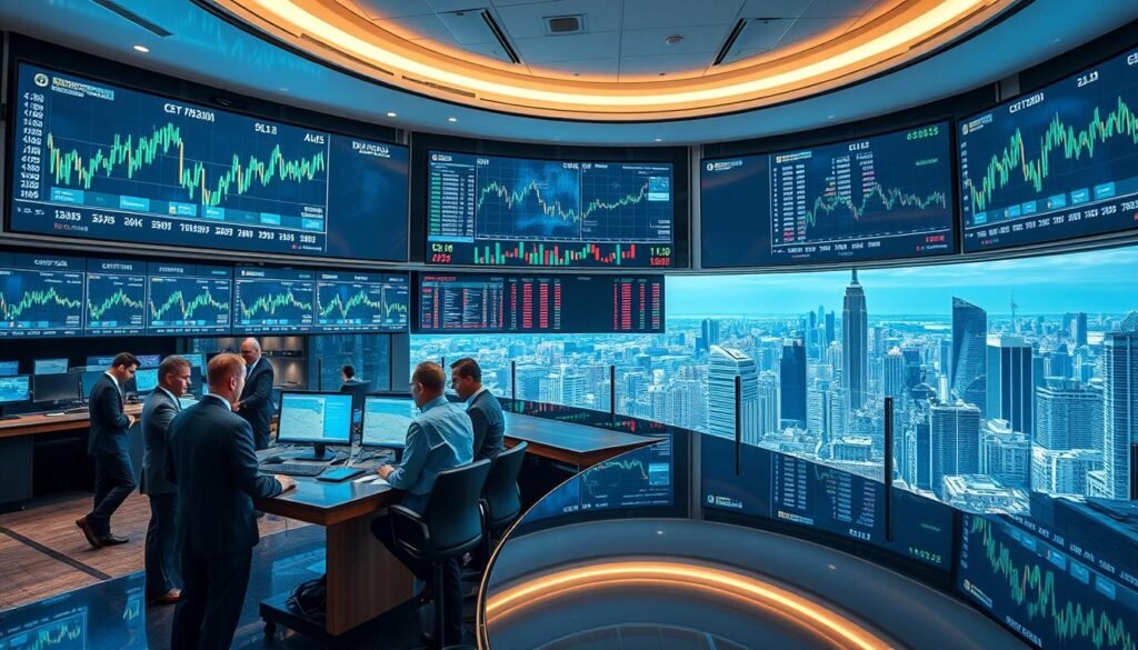 A sleek, modern trading floor depicts centralized exchanges, featuring large digital screens displaying cryptocurrency market data and graphs. In the foreground, a group of professionals in business attire are engaged in discussions around a high-tech trading terminal, analyzing trends and making decisions. The middle layer showcases rows of monitors showcasing various crypto trading pairs and real-time market fluctuations. The background includes a panoramic view of a bustling city skyline, symbolizing the global reach of CEX. The lighting is bright and dynamic, with reflections on polished surfaces, creating an energetic, professional atmosphere. The overall mood is one of focus and high-stakes finance, capturing the essence of centralized trading platforms. A sleek, modern trading floor depicts centralized exchanges, featuring large digital screens displaying cryptocurrency market data and graphs. In the foreground, a group of professionals in business attire are engaged in discussions around a high-tech trading terminal, analyzing trends and making decisions. The middle layer showcases rows of monitors showcasing various crypto trading pairs and real-time market fluctuations. The background includes a panoramic view of a bustling city skyline, symbolizing the global reach of CEX. The lighting is bright and dynamic, with reflections on polished surfaces, creating an energetic, professional atmosphere. The overall mood is one of focus and high-stakes finance, capturing the essence of centralized trading platforms.