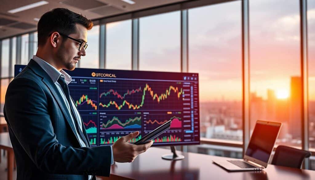 A sleek, modern workspace featuring an intricate, interactive digital display showcasing historical Bitcoin data analysis insights. In the foreground, a business professional in smart casual attire is analyzing colorful graphs and trend lines, with facial expressions of intrigue. The middle ground presents layered charts and visualizations from various timeframes, illuminated by soft, warm lighting that creates a welcoming atmosphere. The background features a large window with a city skyline, suggesting a forward-thinking technological environment. The image has a balanced composition with a focus on data clarity, conveying a sense of discovery and insight into crypto seasonality patterns. The overall mood is professional yet engaging, emphasizing the importance of historical analysis in cryptocurrency trends.
