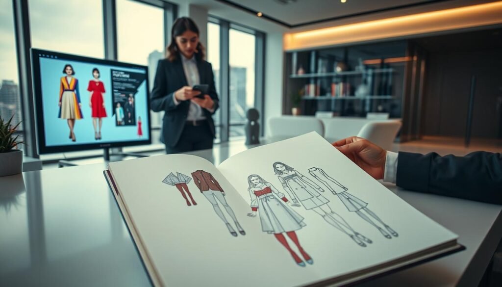 A sleek, modern workspace showcasing the intersection of fashion and digital art. In the foreground, a professional elegantly dressed in business attire examines vibrant digital fashion NFTs displayed on a high-tech screen. The middle ground features a fashion designer’s sketchbook, filled with contemporary clothing designs alongside digital renderings of the NFTs, emphasizing creativity and innovation. The background includes a stylish office environment with minimalistic decor, soft lighting that creates a warm and inviting atmosphere, and a large window revealing a bustling city skyline. The overall mood conveys inspiration and the future of fashion technology, capturing the essence of how NFTs revolutionize the industry. Use a cinematic angle to enhance depth and focus.