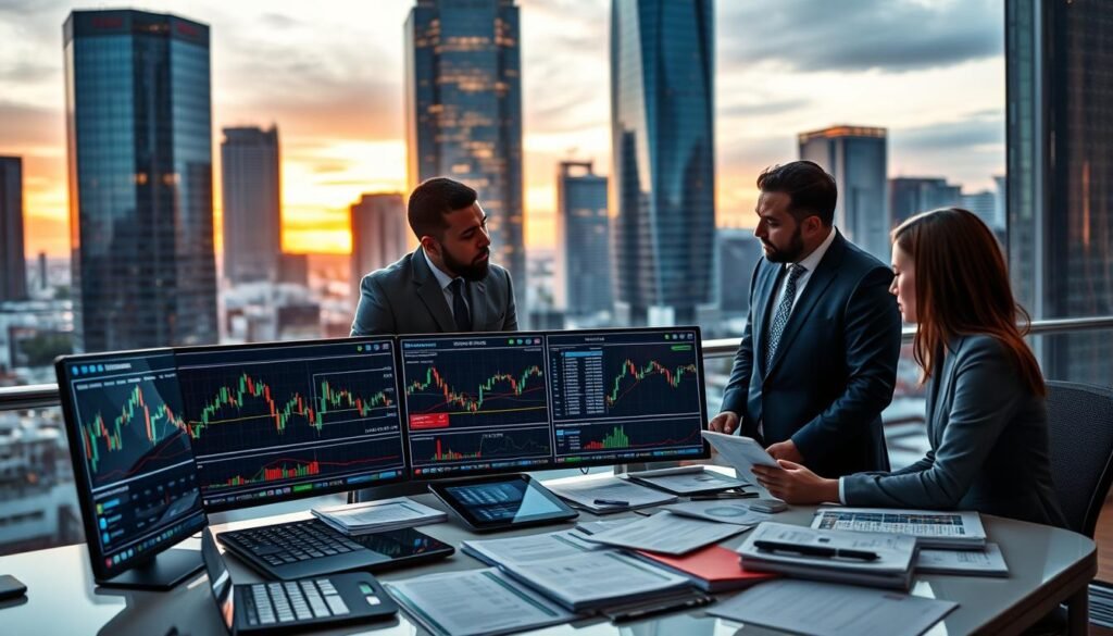 A sophisticated financial scene emphasizing market making fundamentals in cryptocurrency. In the foreground, a diverse group of three professionals in business attire, engaged in a discussion over a digital display showing market charts, price fluctuations, and buy-sell orders. In the middle, a sleek trading desk littered with advanced trading technology, tablets, and financial reports, highlighting the essence of market making. The background features a modern cityscape skyline at dusk, with warm, golden light spilling through glass buildings, creating an atmosphere of innovation and opportunity. The use of soft focus on the background creates depth while drawing attention to the professionals, capturing a dynamic and engaging mood of collaboration and strategic thinking. A sophisticated financial scene emphasizing market making fundamentals in cryptocurrency. In the foreground, a diverse group of three professionals in business attire, engaged in a discussion over a digital display showing market charts, price fluctuations, and buy-sell orders. In the middle, a sleek trading desk littered with advanced trading technology, tablets, and financial reports, highlighting the essence of market making. The background features a modern cityscape skyline at dusk, with warm, golden light spilling through glass buildings, creating an atmosphere of innovation and opportunity. The use of soft focus on the background creates depth while drawing attention to the professionals, capturing a dynamic and engaging mood of collaboration and strategic thinking.