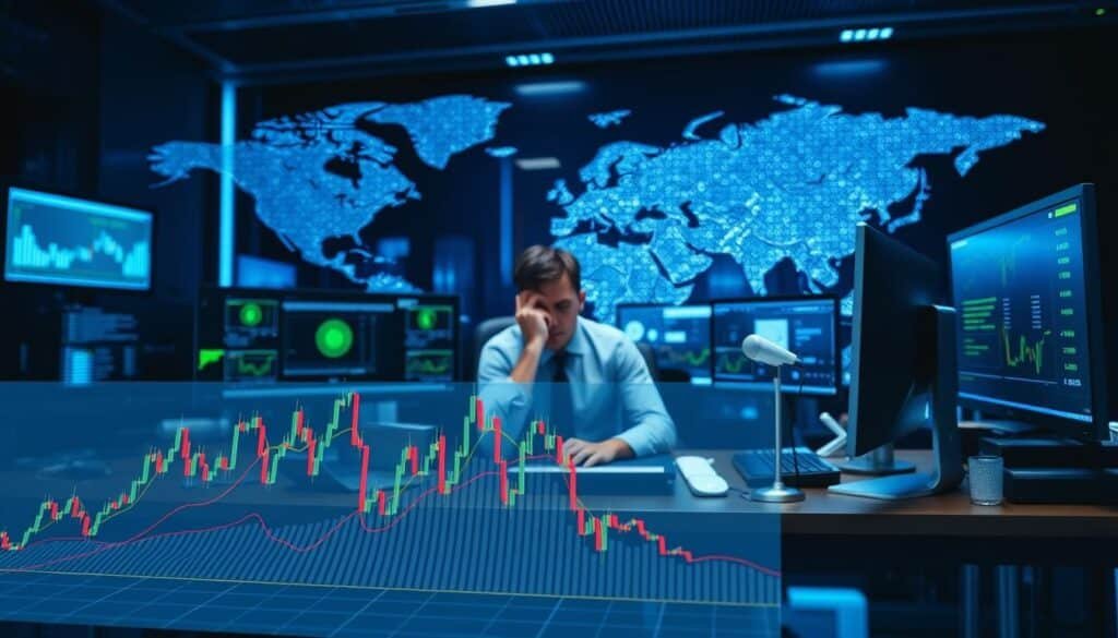 A sophisticated illustration of the Richard Wyckoff Method applied to cryptocurrency trading, focusing on an abstract representation of the accumulation phase. In the foreground, a detailed chart with candlestick patterns shows rising prices, accompanied by clear signals of buying pressure. In the middle ground, a modern trading desk cluttered with financial tools and screens displaying crypto data reflects an analyst deep in thought, dressed in professional business attire. The background features a digital world map symbolizing the global nature of cryptocurrency. The scene is illuminated with a soft blue light to evoke a calm yet analytical atmosphere, shot with a wide-angle lens to capture the full dynamism of the trading environment.