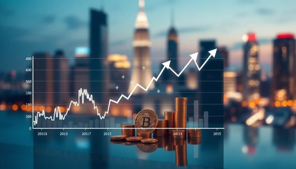 A sophisticated visual representation of historical Bitcoin prices and macro interest rate trends. In the foreground, a sleek, modern graph displays Bitcoin price fluctuations over time, with an overlay of interest rate changes depicted as a contrasting line graph. The middle section features symbols of finance, such as coins, line charts, and arrows indicating upward and downward trends, all arranged artistically. In the background, a blurred city skyline at dusk with twinkling lights enhances the financial atmosphere. The lighting is soft yet dynamic, casting gentle glows on the graphs while maintaining a professional and analytical mood. Use a wide-angle perspective to emphasize the data visually, creating an informative and engaging image that captivates the viewer's attention.