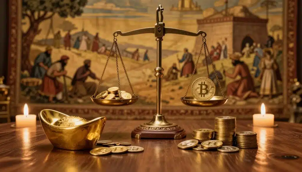 A split scene illustrating the historical significance of gold as a store of value. In the foreground, a beautifully crafted gold ingot and ancient coins rest on a polished wooden table, reflecting soft, warm candlelight. In the middle ground, a classic, ornate scale balances the gold against stacks of digital coins, symbolizing the comparison with cryptocurrency. The background features a rich tapestry depicting scenes of gold mining and trade in ancient civilizations, softly illuminated by a golden hue, evoking a sense of history and tradition. The atmosphere is contemplative, inviting discussion on value and investment. Use a wide-angle lens to capture the depth and richness of the scene, with a focus on intricate details. A split scene illustrating the historical significance of gold as a store of value. In the foreground, a beautifully crafted gold ingot and ancient coins rest on a polished wooden table, reflecting soft, warm candlelight. In the middle ground, a classic, ornate scale balances the gold against stacks of digital coins, symbolizing the comparison with cryptocurrency. The background features a rich tapestry depicting scenes of gold mining and trade in ancient civilizations, softly illuminated by a golden hue, evoking a sense of history and tradition. The atmosphere is contemplative, inviting discussion on value and investment. Use a wide-angle lens to capture the depth and richness of the scene, with a focus on intricate details.