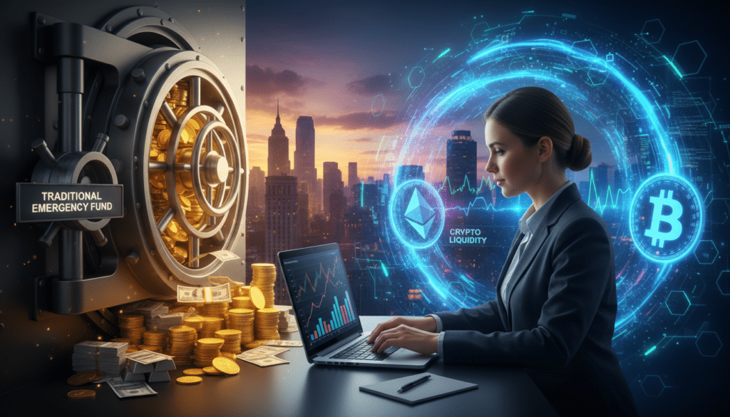 A split-scene illustration depicting the contrasting concepts of traditional emergency funds and cryptocurrency liquidity. In the foreground, to the left, a secure vault filled with gold coins and cash notes symbolizes traditional emergency funding, illuminated by warm, soft lighting to evoke safety and trust. To the right, a digital representation of cryptocurrency liquidity, featuring glowing Bitcoin and Ethereum logos, is set against a high-tech backdrop of blockchain visuals, enhanced by cool, futuristic lighting. The middle ground blends both worlds, showcasing a stylishly dressed professional analyzing charts of both financial systems on a sleek laptop. The background features a calm cityscape at dusk, symbolizing stability amidst change. The overall mood is one of optimism and innovation, inviting viewers to explore the future of finance. A split-scene illustration depicting the contrasting concepts of traditional emergency funds and cryptocurrency liquidity. In the foreground, to the left, a secure vault filled with gold coins and cash notes symbolizes traditional emergency funding, illuminated by warm, soft lighting to evoke safety and trust. To the right, a digital representation of cryptocurrency liquidity, featuring glowing Bitcoin and Ethereum logos, is set against a high-tech backdrop of blockchain visuals, enhanced by cool, futuristic lighting. The middle ground blends both worlds, showcasing a stylishly dressed professional analyzing charts of both financial systems on a sleek laptop. The background features a calm cityscape at dusk, symbolizing stability amidst change. The overall mood is one of optimism and innovation, inviting viewers to explore the future of finance.