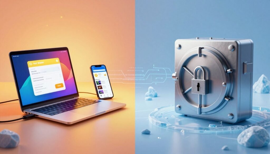 A split-screen illustration capturing the essence of hot and cold crypto wallets. On the left side (foreground), depict a vibrant, modern digital scene representing a hot wallet: a sleek laptop with a colorful interface, smartphone displaying cryptocurrency apps, and connected devices, all illuminated by warm tones of orange and yellow, suggesting high energy and accessibility. On the right side (foreground), illustrate the cold wallet concept: a secure, metallic vault with a sturdy lock, surrounded by a minimalist, icy blue environment, giving a sense of safety and deterrence. The middle layer should feature subtle connections between both sides, such as binary code or circuit patterns, blending the two themes. In the background, include a soft, gradient sky transitioning from warm to cool colors, enhancing the contrast. The atmosphere should be informative yet engaging, with a focus on clarity and professionalism.