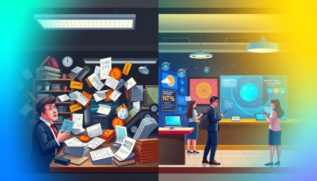 A split-screen illustration depicting the challenges of traditional loyalty programs on one side and the innovative aspects of NFT holder rewards on the other. On the left, show a visually cluttered scene filled with outdated loyalty cards, paperwork, and frustrated customers in business attire. Capture their expressions of confusion or disappointment under harsh overhead fluorescent lighting. On the right, create a vibrant digital environment representing NFT loyalty, showcasing futuristic digital art, happy customers interacting with their digital wallets, and colorful screens with engaging rewards information. Use soft, dynamic lighting to create an inviting atmosphere. The background features a seamless gradient transitioning from dull grays on the left to bright blues and greens on the right, symbolizing the shift from traditional to modern loyalty programs. A split-screen illustration depicting the challenges of traditional loyalty programs on one side and the innovative aspects of NFT holder rewards on the other. On the left, show a visually cluttered scene filled with outdated loyalty cards, paperwork, and frustrated customers in business attire. Capture their expressions of confusion or disappointment under harsh overhead fluorescent lighting. On the right, create a vibrant digital environment representing NFT loyalty, showcasing futuristic digital art, happy customers interacting with their digital wallets, and colorful screens with engaging rewards information. Use soft, dynamic lighting to create an inviting atmosphere. The background features a seamless gradient transitioning from dull grays on the left to bright blues and greens on the right, symbolizing the shift from traditional to modern loyalty programs.