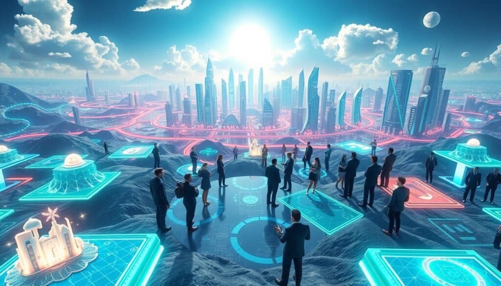 A sprawling metaverse digital world, filled with vibrant, interactive landscapes. In the foreground, sleek holographic interfaces display virtual land parcels and NFT assets, bathed in cool blue and green light. The middle ground features diverse avatars in professional business attire, engaging in discussions and activities, showcasing a sense of community and collaboration. The background reveals a cityscape of futuristic skyscrapers made of glowing digital elements, with pathways connecting various sectors that hint at gaming, commerce, and art. Bright, ethereal clouds hover above, illuminated by a radiant digital sun. The atmosphere is dynamic and optimistic, inviting exploration and interaction in this ever-evolving virtual realm. The image captures a sense of innovation and the limitless potential of the metaverse.