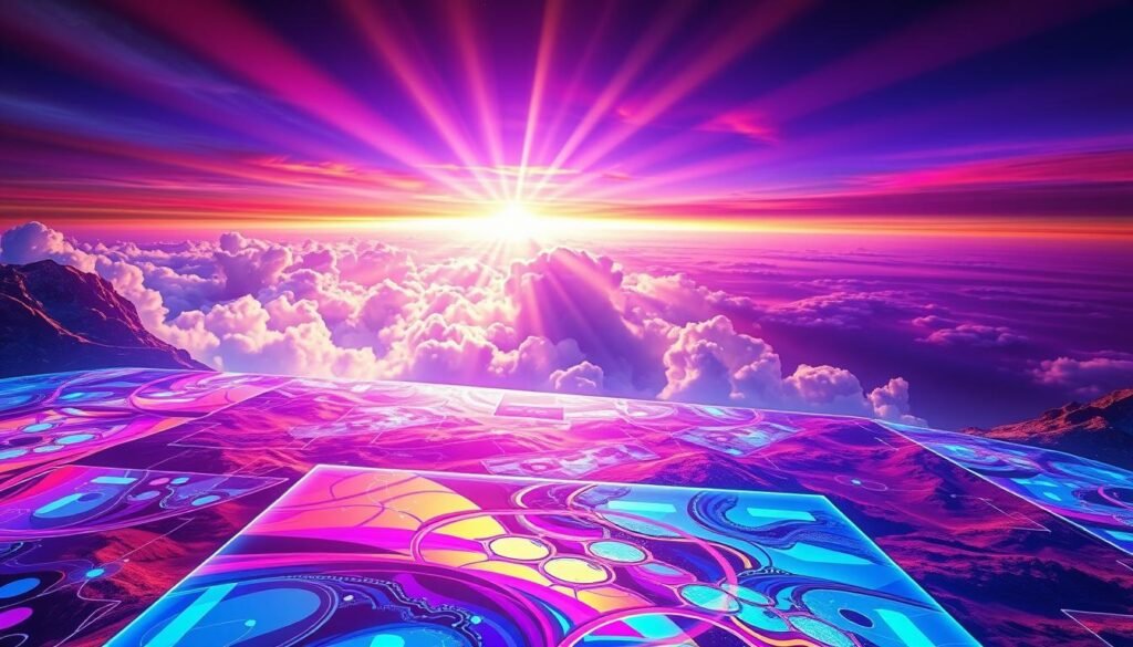 A striking and imaginative 1/1 art NFT artwork depicting a surreal landscape where vibrant colors and intricate patterns merge. In the foreground, a luminous digital canvas showcases an abstract design with geometric shapes and fluid dynamics, evoking a sense of originality and exclusivity. The middle layer features ethereal elements like swirling clouds and soft light beams filtering through, creating a dreamlike atmosphere. In the background, a distant horizon with rich gradients of purple, blue, and gold enhances the scene’s depth. Use soft, diffused lighting to emphasize the artwork's details, captured from a dynamic angle that invites the viewer to explore. The overall mood should be one of intrigue and innovation, reflecting the unique nature of 1/1 art NFTs.
