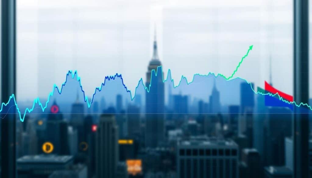 A striking visualization of historical performance and volatility analysis between cryptocurrencies and the S&P 500. In the foreground, a dynamic line graph displaying fluctuating data points, contrasting sharp rises and falls, colored in vibrant blue for cryptocurrency and green for the S&P 500. The middle layer features a stylized candlestick chart overlay, signifying volatility, with carefully detailed bars representing price movements. In the background, an abstract representation of digital currency symbols and stock market icons merges with a city skyline, symbolizing financial markets. Soft, ambient lighting creates a professional atmosphere, while a slight depth of field adds focus to the data visualization. The mood is analytical and insightful, inviting viewers to explore the correlations in economic performance.
