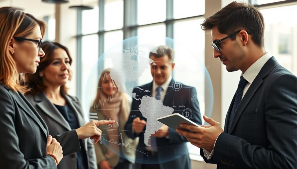 A stylized representation of global pension management challenges, featuring a diverse group of professionals in business attire, engaged in a discussion around a large digital globe displaying financial data. In the foreground, a middle-aged woman points at the globe, while a young man makes notes on a tablet. In the middle ground, a transparent overlay shows complex charts and blockchain icons, symbolizing security and technology in pension management. The background is a modern office environment with large windows, allowing natural light to illuminate the scene. The mood is focused and collaborative, reflecting determination to tackle challenges in retirement management. The angle is slightly elevated, giving an expansive view of the setting, enhancing the sense of teamwork and urgency.
