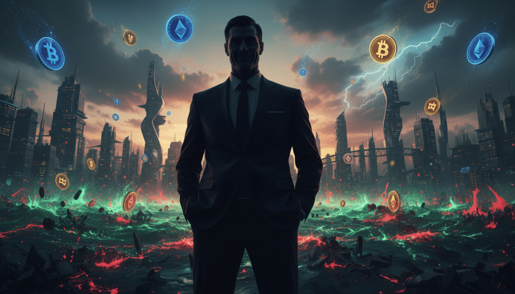 A surreal crypto landscape showcasing a vibrant but ominous scene filled with ethereal digital coins floating above a city skyline filled with abstract structures. In the foreground, a shadowy figure in a sleek business suit, representing a deceptive scammer, stands confidently, hands in pockets, gazing over the chaos. The middle ground features a turbulent sea of green and red, symbolizing market volatility, with swirling signs of various cryptocurrencies drifting. In the background, a futuristic cityscape under a darkening sky with eerie clouds hints at uncertainty and danger. The lighting is dramatic, with bright flashes illuminating the figure and coins, creating a tense atmosphere, as if a storm is about to break. Capture this scene from a low angle for depth and intensity. A surreal crypto landscape showcasing a vibrant but ominous scene filled with ethereal digital coins floating above a city skyline filled with abstract structures. In the foreground, a shadowy figure in a sleek business suit, representing a deceptive scammer, stands confidently, hands in pockets, gazing over the chaos. The middle ground features a turbulent sea of green and red, symbolizing market volatility, with swirling signs of various cryptocurrencies drifting. In the background, a futuristic cityscape under a darkening sky with eerie clouds hints at uncertainty and danger. The lighting is dramatic, with bright flashes illuminating the figure and coins, creating a tense atmosphere, as if a storm is about to break. Capture this scene from a low angle for depth and intensity.