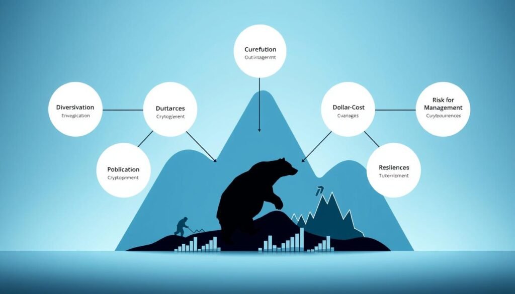 A symbolic representation of a bear market survival strategy framework in a stylish and modern infographic style. In the foreground, a sleek, minimalist diagram with interconnected nodes showcasing various strategies like "Diversification," "Dollar-Cost Averaging," and "Risk Management." The middle ground features subtle illustrations of a bear climbing over fluctuating cryptocurrency charts, symbolizing resilience. The background includes abstract shapes with cool blue and gray tones, conveying a sense of calm amidst market volatility. Use soft, diffused lighting to create a professional and insightful atmosphere, with an emphasis on clarity and engagement. The angle should be slightly elevated, providing a comprehensive view of the framework. Overall, the mood is strategic and thoughtful, inspiring confidence in navigating uncertain markets. A symbolic representation of a bear market survival strategy framework in a stylish and modern infographic style. In the foreground, a sleek, minimalist diagram with interconnected nodes showcasing various strategies like "Diversification," "Dollar-Cost Averaging," and "Risk Management." The middle ground features subtle illustrations of a bear climbing over fluctuating cryptocurrency charts, symbolizing resilience. The background includes abstract shapes with cool blue and gray tones, conveying a sense of calm amidst market volatility. Use soft, diffused lighting to create a professional and insightful atmosphere, with an emphasis on clarity and engagement. The angle should be slightly elevated, providing a comprehensive view of the framework. Overall, the mood is strategic and thoughtful, inspiring confidence in navigating uncertain markets.