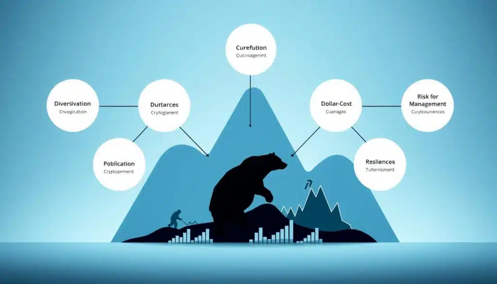 A symbolic representation of a bear market survival strategy framework in a stylish and modern infographic style. In the foreground, a sleek, minimalist diagram with interconnected nodes showcasing various strategies like "Diversification," "Dollar-Cost Averaging," and "Risk Management." The middle ground features subtle illustrations of a bear climbing over fluctuating cryptocurrency charts, symbolizing resilience. The background includes abstract shapes with cool blue and gray tones, conveying a sense of calm amidst market volatility. Use soft, diffused lighting to create a professional and insightful atmosphere, with an emphasis on clarity and engagement. The angle should be slightly elevated, providing a comprehensive view of the framework. Overall, the mood is strategic and thoughtful, inspiring confidence in navigating uncertain markets.