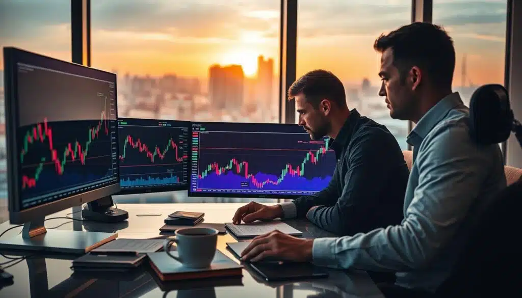 A thoughtful trader sits at a modern desk, deeply engaged in analyzing multiple cryptocurrency charts displayed on sleek monitors. The foreground features notes and a cup of coffee, symbolizing focus and determination. In the middle ground, a glowing graph showcases fluctuating market trends, with vibrant colors to represent emotion and volatility in trading. In the background, a large window reveals a cityscape, bathed in warm, golden light; the soft ambiance evokes a sense of calm and contemplation. The overall mood should reflect introspection and strategy, capturing the essence of understanding trading psychology. The trader, dressed in professional attire, exudes confidence and concentration, embodying the journey of mastering one's emotions in the crypto market.