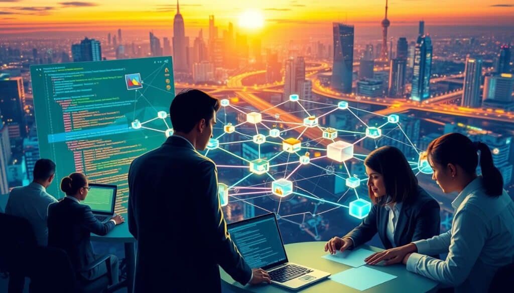A vibrant and detailed illustration of a blockchain programming ecosystem, showcasing various programming languages like Solidity, Rust, and JavaScript represented by their respective code snippets and logos. In the foreground, a diverse group of professionals in business attire collaborates around a digital workspace, analyzing codes and graphics on screens. In the middle ground, a dynamic arrangement of interconnected blockchain nodes and smart contracts is depicted, illuminated by soft, futuristic lighting that emphasizes their complexity. The background features a digital city skyline with abstract representations of technology and innovation, blending into a dusk-lit atmosphere that conveys a sense of progress and opportunity in the world of blockchain development. The overall mood is optimistic and collaborative, inspiring a future of possibilities in blockchain programming. A vibrant and detailed illustration of a blockchain programming ecosystem, showcasing various programming languages like Solidity, Rust, and JavaScript represented by their respective code snippets and logos. In the foreground, a diverse group of professionals in business attire collaborates around a digital workspace, analyzing codes and graphics on screens. In the middle ground, a dynamic arrangement of interconnected blockchain nodes and smart contracts is depicted, illuminated by soft, futuristic lighting that emphasizes their complexity. The background features a digital city skyline with abstract representations of technology and innovation, blending into a dusk-lit atmosphere that conveys a sense of progress and opportunity in the world of blockchain development. The overall mood is optimistic and collaborative, inspiring a future of possibilities in blockchain programming.