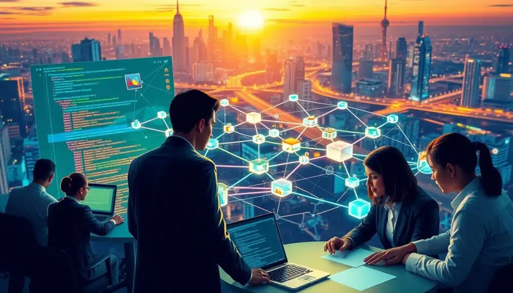 A vibrant and detailed illustration of a blockchain programming ecosystem, showcasing various programming languages like Solidity, Rust, and JavaScript represented by their respective code snippets and logos. In the foreground, a diverse group of professionals in business attire collaborates around a digital workspace, analyzing codes and graphics on screens. In the middle ground, a dynamic arrangement of interconnected blockchain nodes and smart contracts is depicted, illuminated by soft, futuristic lighting that emphasizes their complexity. The background features a digital city skyline with abstract representations of technology and innovation, blending into a dusk-lit atmosphere that conveys a sense of progress and opportunity in the world of blockchain development. The overall mood is optimistic and collaborative, inspiring a future of possibilities in blockchain programming.