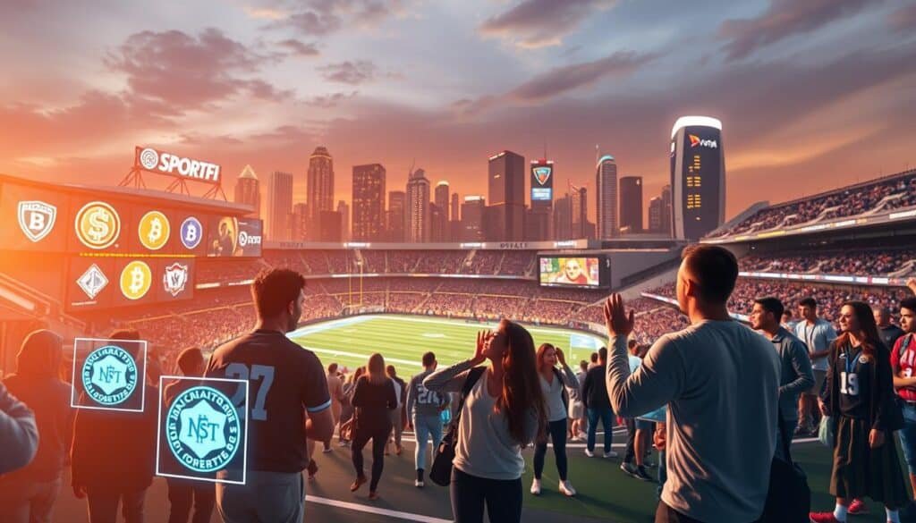 A vibrant and dynamic crypto and SportFi landscape set in 2026. In the foreground, people dressed in professional sports attire joyfully interact with holographic displays of NFT fan tokens, showcasing their teams. The middle ground features a sleek sports stadium with digital billboards displaying cryptocurrency logos alongside team mascots. The background illustrates a futuristic city skyline with glowing blockchain motifs illuminating the sky. Soft, diffuse lighting casts a warm glow over the scene, creating an energetic and optimistic atmosphere. The camera angle is slightly tilted upward to capture the hustle and bustle of fans and technology intertwining, symbolizing the integration of sports and digital currency. A vibrant and dynamic crypto and SportFi landscape set in 2026. In the foreground, people dressed in professional sports attire joyfully interact with holographic displays of NFT fan tokens, showcasing their teams. The middle ground features a sleek sports stadium with digital billboards displaying cryptocurrency logos alongside team mascots. The background illustrates a futuristic city skyline with glowing blockchain motifs illuminating the sky. Soft, diffuse lighting casts a warm glow over the scene, creating an energetic and optimistic atmosphere. The camera angle is slightly tilted upward to capture the hustle and bustle of fans and technology intertwining, symbolizing the integration of sports and digital currency.
