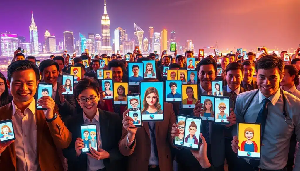 A vibrant and dynamic digital art piece illustrating the rise of PFP NFTs. In the foreground, a diverse group of individuals, dressed in professional business attire, excitedly showcase their unique NFT profile pictures on smartphones and tablets. In the middle ground, a colorful array of pixelated and stylized avatars representing various PFP NFT collections, displayed in bold, eye-catching frames. The background features a futuristic city skyline, illuminated with neon lights, symbolizing the surge of technology and digital culture. Soft, glowing light casts a warm atmosphere on the scene, evoking enthusiasm and innovation. Use a wide-angle lens to capture the energy and diversity of the crowd, emphasizing the connection between people and their digital identities in this vibrant art scene.